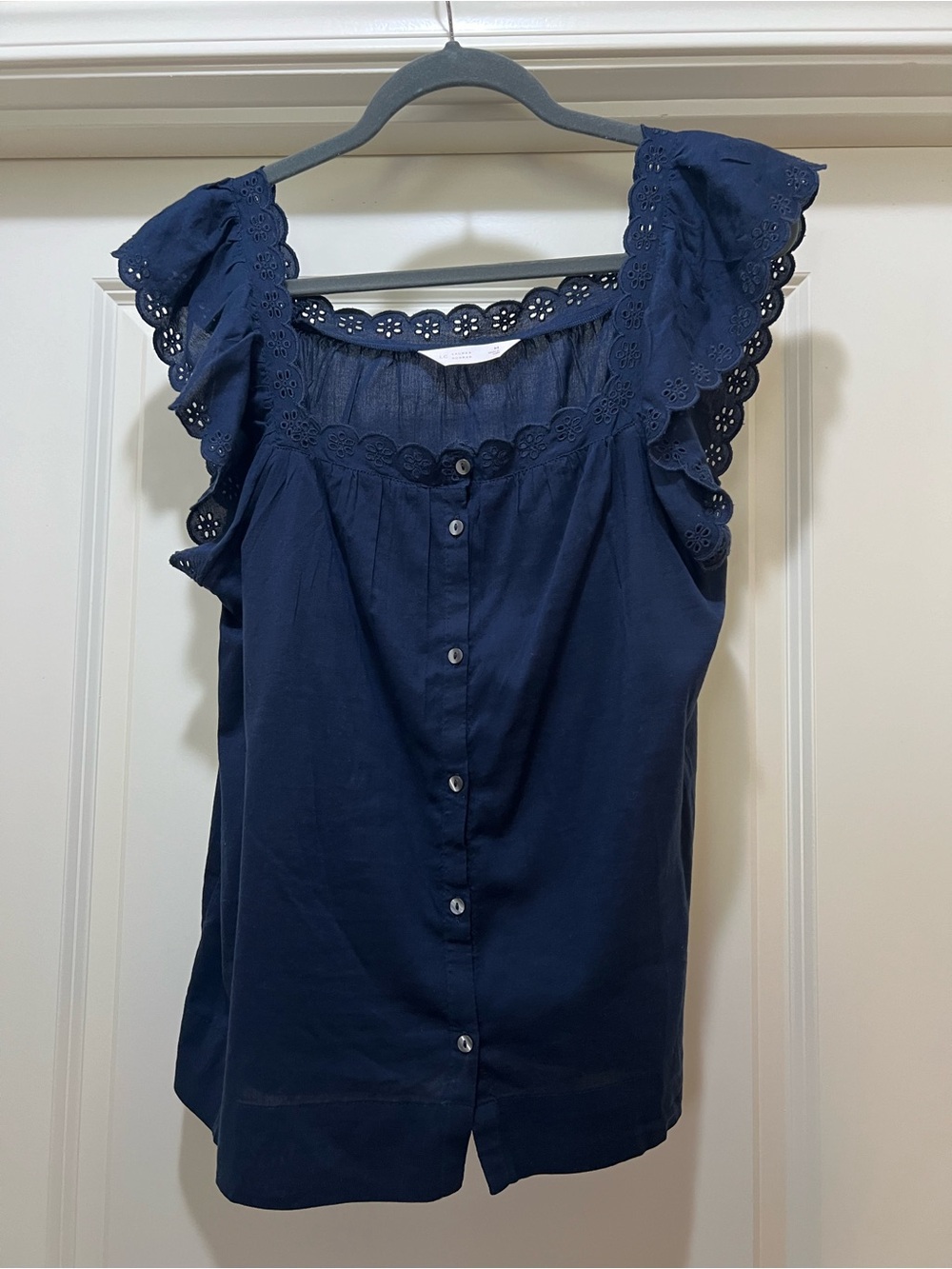 LC Lauren Conrad Navy Eyelet Ruffle Button-Down Top